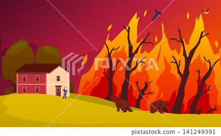A massive forest fire with flames, wild animals, birds, and a house with a person on the threshold. A massive forest fire with flames, wild animals, birds, and a house with a person on the threshold. 141249391