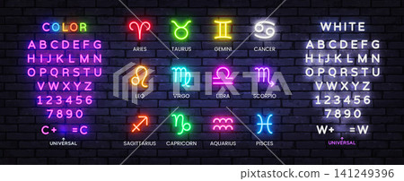 Glowing zodiac neon signs with editable alphabet and number collection. Modern astrology bundle for horoscope graphics, cosmic branding and luminous decoration. Glowing zodiac neon signs with editable alphabet and number collection. Modern astrology bundle for horoscope graphics, cosmic branding and luminous decoration. 141249396