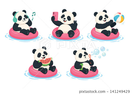 Vsai five cute pandas enjoying summer pool activities Vsai five cute pandas enjoying summer pool activities 141249429
