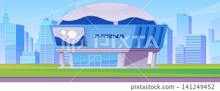 Arena building on cityscape, vector flat sport and entertainment house blue design with signboard and rounded roof Arena building on cityscape, vector flat sport and entertainment house blue design with signboard and rounded roof 141249452