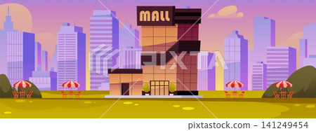 Mall building on cityscape, shop store and entertainment industry construction with signboard vector flat illustration Mall building on cityscape, shop store and entertainment industry construction with signboard vector flat illustration 141249454
