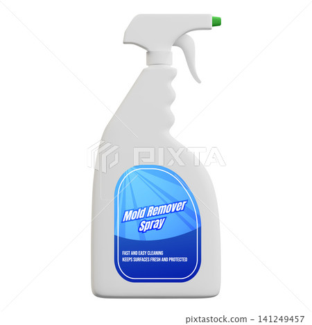 Mold remover spray bottle realistic vector 3D mockup, white bottle blank with label blue design, disinfection detergent Mold remover spray bottle realistic vector 3D mockup, white bottle blank with label blue design, disinfection detergent 141249457