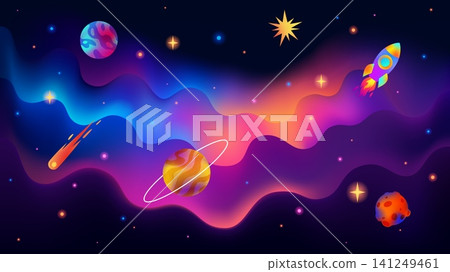 Banner with planets, an asteroid, a rocket, stars against a bright glowing gradient wave background Banner with planets, an asteroid, a rocket, stars against a bright glowing gradient wave background 141249461