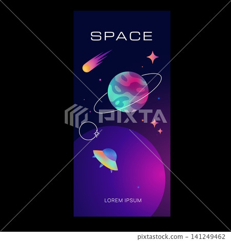 Gradient space with line art elements vector poster design, abstract grainy cosmic planet, stars and alien spaceship Gradient space with line art elements vector poster design, abstract grainy cosmic planet, stars and alien spaceship 141249462