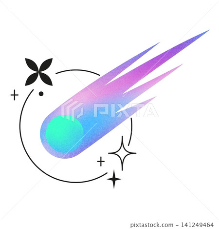 Gradient burning meteorite fly with line art rings and sparkles, vector abstract neon grainy mesh colored asteroid comet Gradient burning meteorite fly with line art rings and sparkles, vector abstract neon grainy mesh colored asteroid comet 141249464