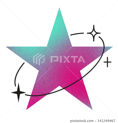 A five-pointed star with a turquoise-pink gradient, grainy texture, fine orbital lines, sparkles. A five-pointed star with a turquoise-pink gradient, grainy texture, fine orbital lines, sparkles. 141249467