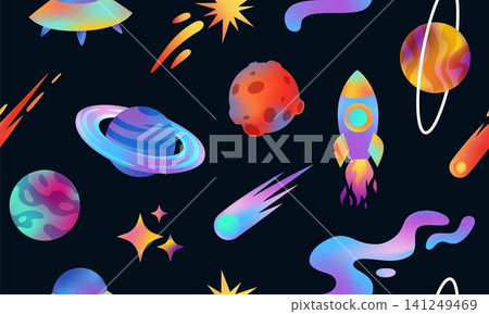 Seamless wallpaper with planets, a rocket, a UFO, an asteroid, and stars in a neon grainy gradient. Seamless wallpaper with planets, a rocket, a UFO, an asteroid, and stars in a neon grainy gradient. 141249469