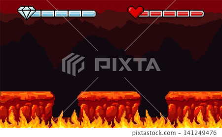 Pixel art video game background with ground platforms above fire flame, cartoon retro 8 bit arcade playing inferno scene Pixel art video game background with ground platforms above fire flame, cartoon retro 8 bit arcade playing inferno scene 141249476