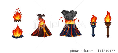 A set of pixelated flaming flames in volcanoes, bonfires, and torches of various shapes. A set of pixelated flaming flames in volcanoes, bonfires, and torches of various shapes. 141249477