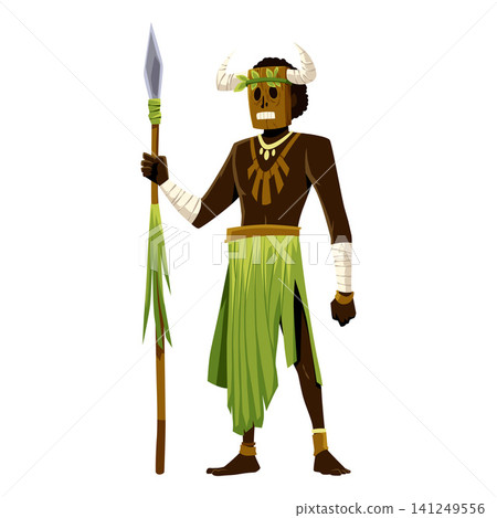 Tribal shaman with spear and mask with animal's horns, vector flat native aborigine indigenous ancient wizard character Tribal shaman with spear and mask with animal's horns, vector flat native aborigine indigenous ancient wizard character 141249556
