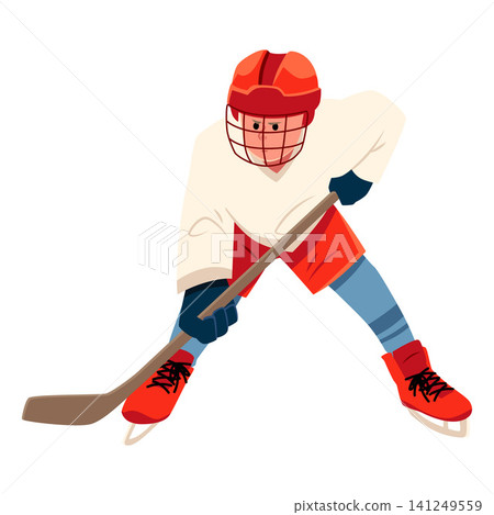Ice hockey player wearing red gear and uniform, vector flat team sport game match competition, cartoon 141249559