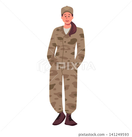 Flat vector woman soldier in camouflage uniform standing full body Flat vector woman soldier in camouflage uniform standing full body 141249593