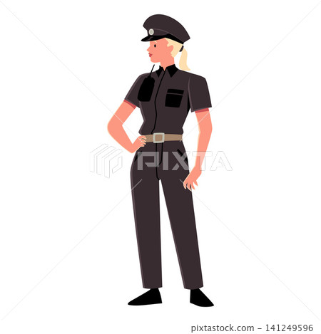 Police department woman officer with police gear, detective cap and walkie-talkie vector flat cartoon character 141249596