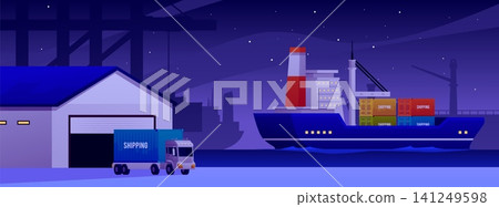 Seaport at night, maritime logistics industry, vector flat shipping truck with container near the warehouse, cargo ships Seaport at night, maritime logistics industry, vector flat shipping truck with container near the warehouse, cargo ships 141249598