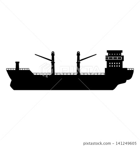 Black cargo ship silhouette vector icon for port trade Black cargo ship silhouette vector icon for port trade 141249605