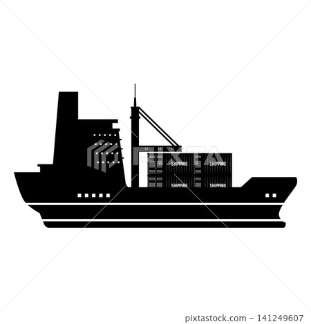 Cargo ship with containers vector black silhouette, maritime logistics, tanker transportation delivery, trade industry Cargo ship with containers vector black silhouette, maritime logistics, tanker transportation delivery, trade industry 141249607