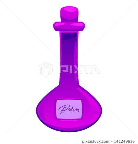 Magic purple potion flask, vector flat glass bottle with a corkwood plug and elixir inside, witch poison game asset Magic purple potion flask, vector flat glass bottle with a corkwood plug and elixir inside, witch poison game asset 141249636