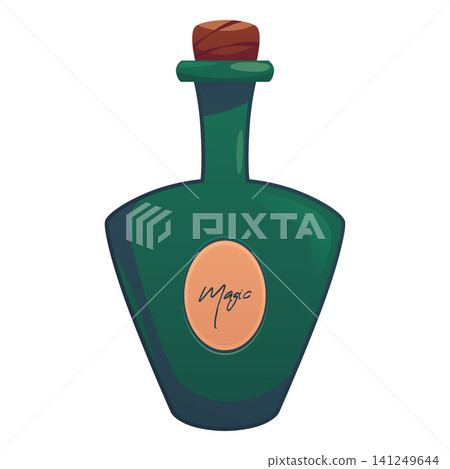 Magic green potion flask, vector flat glass bottle with a corkwood plug and elixir inside, witch poison game asset Magic green potion flask, vector flat glass bottle with a corkwood plug and elixir inside, witch poison game asset 141249644