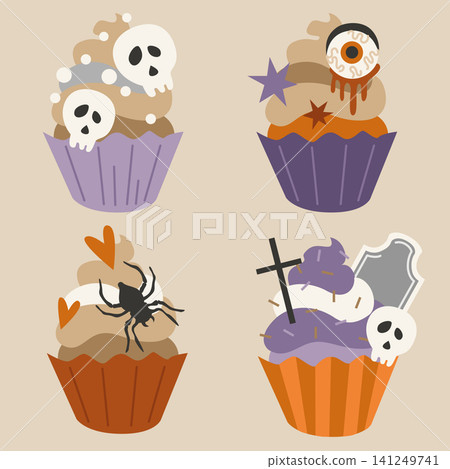 Hand-drawn Halloween spooky cupcakes set with spider, eyeball, gravestone, skull and grave cross decoration for seasonal party Hand-drawn Halloween spooky cupcakes set with spider, eyeball, gravestone, skull and grave cross decoration for seasonal party 141249741