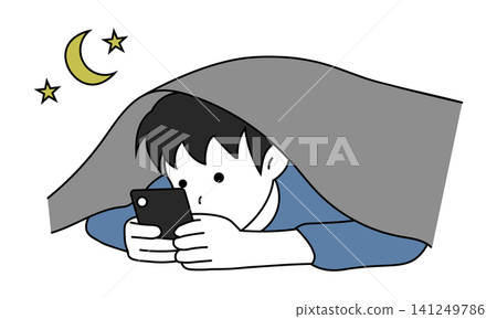 An illustration of a child looking at a smartphone in bed at night. An illustration of a child looking at a smartphone in bed at night. 141249786