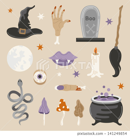 Hand-drawn Halloween clipart, witch hat and broom, magic potion, severed finger, vampire lips, full moon, snake for seasonal decor Hand-drawn Halloween clipart, witch hat and broom, magic potion, severed finger, vampire lips, full moon, snake for seasonal decor 141249854
