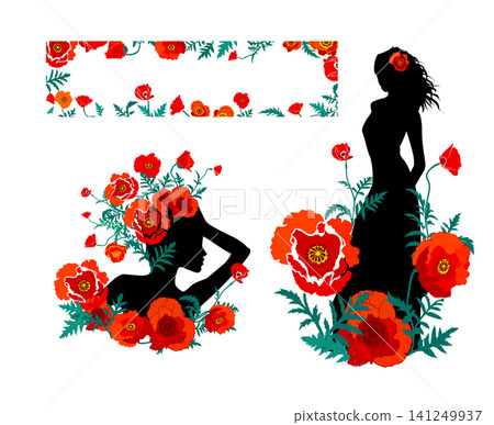 Abstract poppy girl silhouette and a frame with flowers. vector illustration. hand drawn. Not AI. Abstract poppy girl silhouette and a frame with flowers. vector illustration. hand drawn. Not AI. 141249937