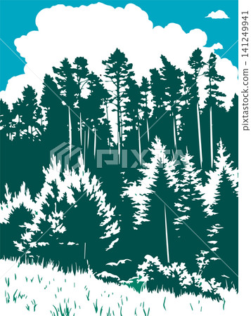 Forest silhouette. Hand drawn. Not AI, vector illustration. Forest silhouette. Hand drawn. Not AI, vector illustration. 141249941