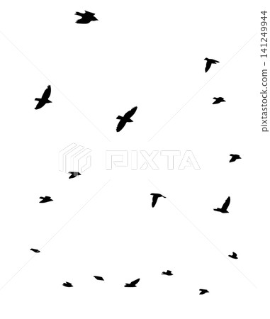 Flying birds silhouette flock. hand drawing. Not AI. Vector illustration Flying birds silhouette flock. hand drawing. Not AI. Vector illustration 141249944