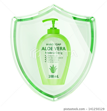 Aloe vera hand soap with transparent green shield. 3D rendering Aloe vera hand soap with transparent green shield. 3D rendering 141250129