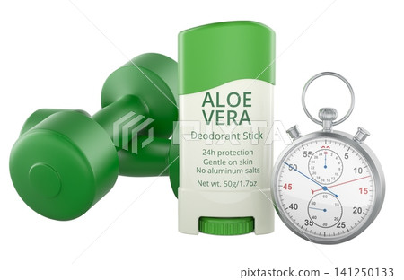 Deodorant stick with dumbbell and stopwatch. Sport hygiene, long lasting odor protection and active lifestyle care, concept. 3d rendering Deodorant stick with dumbbell and stopwatch. Sport hygiene, long lasting odor protection and active lifestyle care, concept. 3d rendering 141250133
