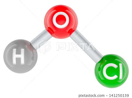 Hypochlorous acid HOCl molecular model. 3D rendering Hypochlorous acid HOCl molecular model. 3D rendering 141250139