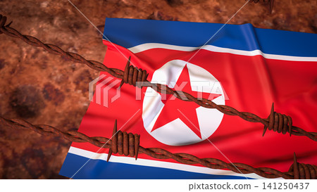 North Korean Flag Behind Rusty Barbed Wire Barrier 3d render. North Korean Flag Behind Rusty Barbed Wire Barrier 3d render. 141250437