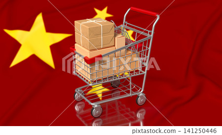 Shopping Cart Packages Over China Flag For Global E commerce 3d render. Shopping Cart Packages Over China Flag For Global E commerce 3d render. 141250446