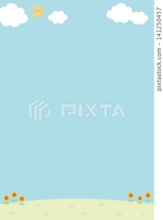 [Vector] Vertical summer background with blue sky and sunflowers - Cute vector illustration 141250457