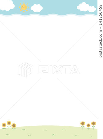 [Vector] Vertical summer background with cloud border and sunflowers, vector illustration with copy space. 141250458