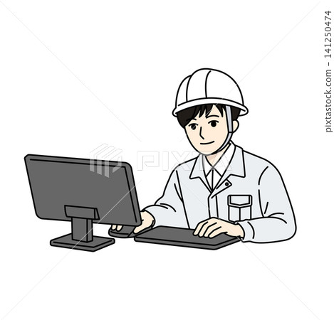 男性工人,戴著安全帽,穿著白色工作服,操作電腦,使用滑鼠,進行資料輸入。 男性工人,戴著安全帽,穿著白色工作服,操作電腦,使用滑鼠,進行資料輸入。 141250474
