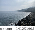 A quiet coastline lined with tetrapods and a mountain landscape. 141251908