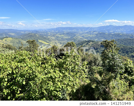 The lush green mountain ranges of Brazil stretch out under a blue sky. The lush green mountain ranges of Brazil stretch out under a blue sky. 141251949