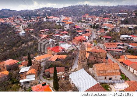 Aerial view of Sighnaghi town on hillside in springtime Aerial view of Sighnaghi town on hillside in springtime 141251985