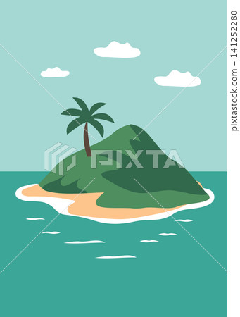 Tropical island landscape illustration with palm tree and serene ocean view Tropical island landscape illustration with palm tree and serene ocean view 141252280