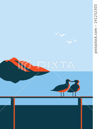 Minimal coastal bird landscape illustration with seaside nature and wildlife Minimal coastal bird landscape illustration with seaside nature and wildlife 141252303