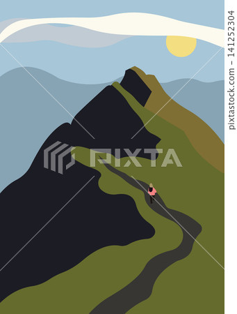 Minimal mountain hiking landscape illustration with scenic adventure travel concept Minimal mountain hiking landscape illustration with scenic adventure travel concept 141252304