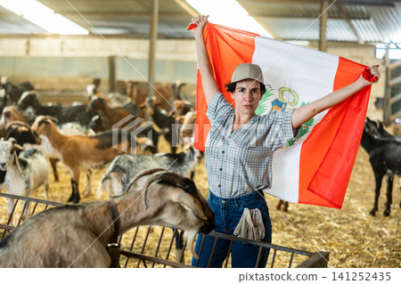 Portrait of female farmer with Peruvian flag in their hands in goat pen at farm Portrait of female farmer with Peruvian flag in their hands in goat pen at farm 141252435