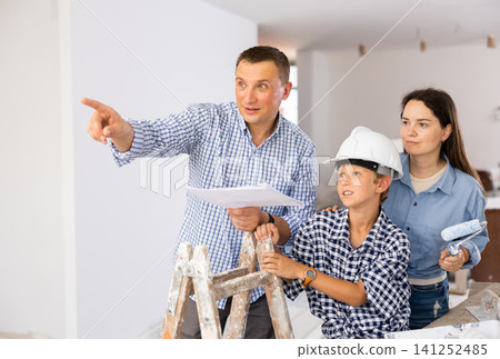Family with son talking about repair work in apartment Family with son talking about repair work in apartment 141252485
