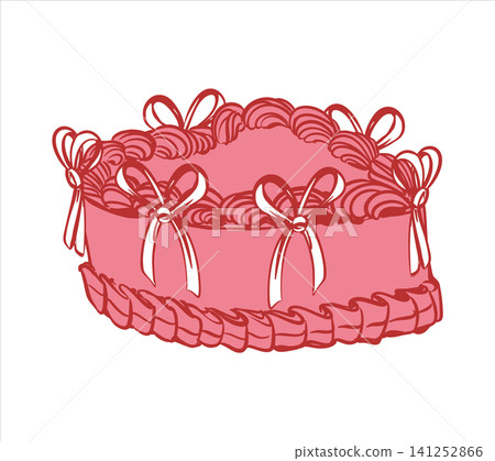 Vector image of a cake. Vintage style dessert with delicate white bows. Heart shaped cake with wavy edges and cream swirls. For birthday invitations, greeting cards, party banners. Flat retro style. Vector image of a cake. Vintage style dessert with delicate white bows. Heart shaped cake with wavy edges and cream swirls. For birthday invitations, greeting cards, party banners. Flat retro style. 141252866