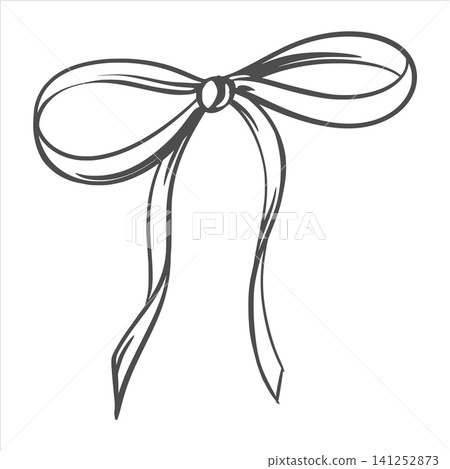 Vector bow hand drawn aesthetic. Ribbon with smooth curves and knot in the middle. The monochrome design. Decorative element for invitations and greeting cards. Coquette style. Black and white sketch Vector bow hand drawn aesthetic. Ribbon with smooth curves and knot in the middle. The monochrome design. Decorative element for invitations and greeting cards. Coquette style. Black and white sketch 141252873