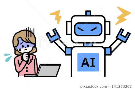 An illustration of a female office worker looking pale and confused by AI malfunctions or glitches, symbolizing security risks and implementation failures. 141253262