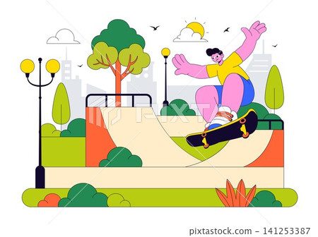 City Park Vector Illustration Featuring Urban Green Space, Family Picnic, Public Garden, Recreation Area, Nature Landscape, and Outdoor Lifestyle 141253387