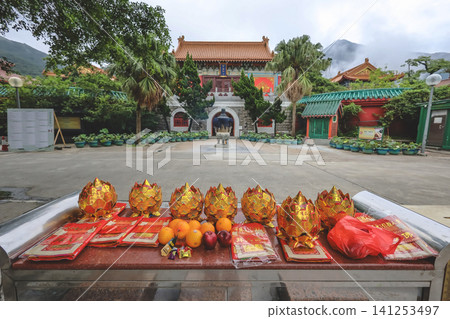 Hong Kong June 27 2026 Ngong Ping temple offerings and courtyard Hong Kong June 27 2026 Ngong Ping temple offerings and courtyard 141253497