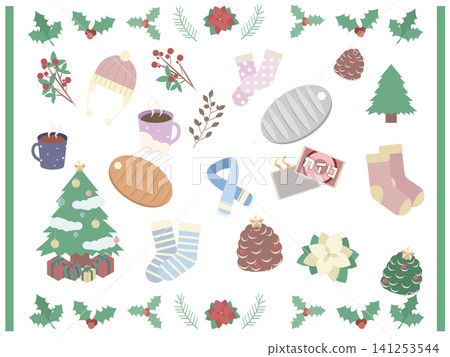 Winter accessories illustration set | Cold weather and Christmas materials Winter accessories illustration set | Cold weather and Christmas materials 141253544